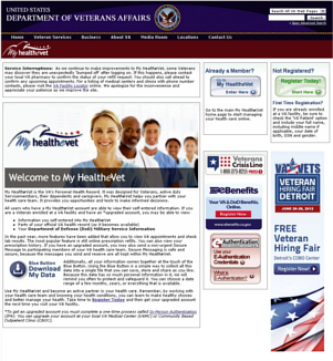 A screen shot of the MyHealtheVet home page.